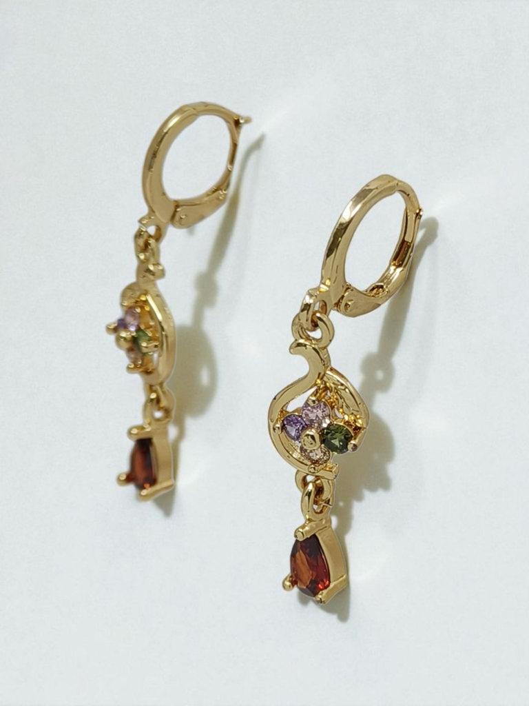 Gold Plated Heart Drop Hoop Earrings With Black Stone For Women | Crystal Accent Romantic Design | Elegant Part : AST-EAR-0050