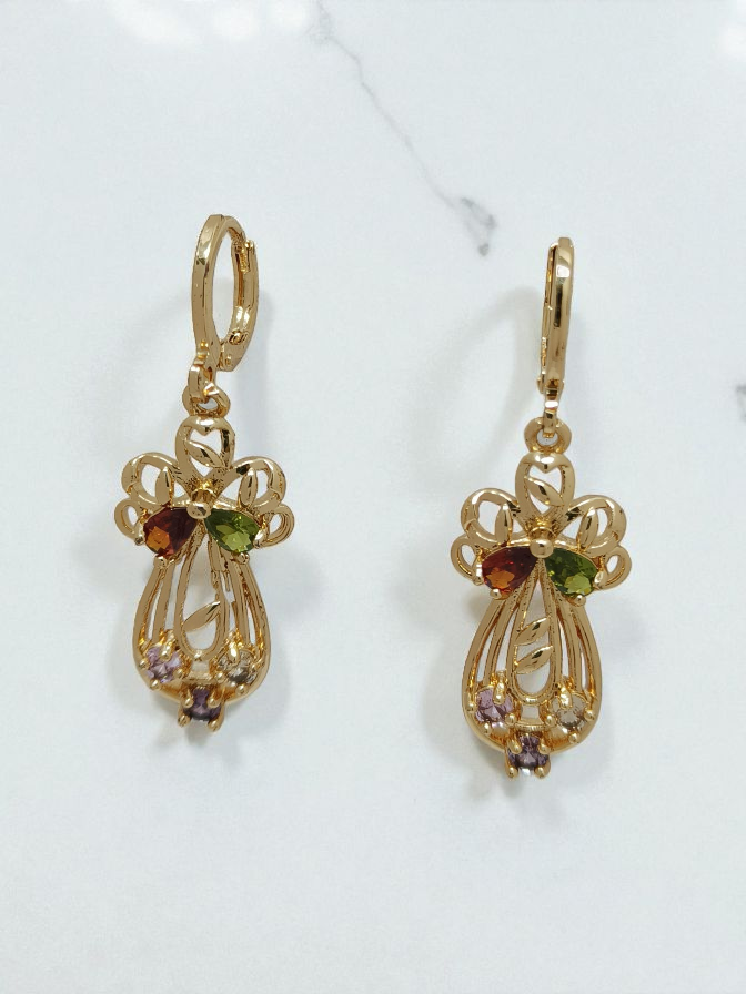 Gold Plated Multicolor Stone Drop Earrings For Women | Elegant Floral Bow Design | Lightweight Party Wear & Dai : AST-EAR-0040