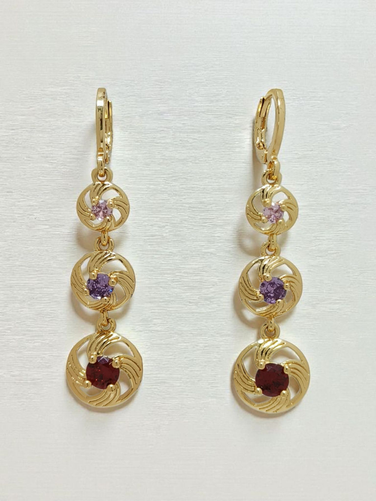 Gold Plated Multicolor Crystal Drop Earrings For Women | Triple Disc Spiral Design | Elegant Party Wear & Daily : AST-EAR-0039