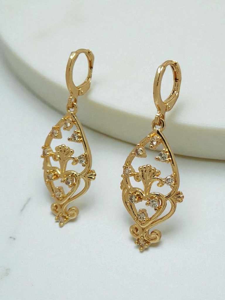 Gold Plated Elegant Filigree Drop Earrings For Women | Heart Motif With Sparkling Crystals | Lightweight Party  : AST-EAR-0038