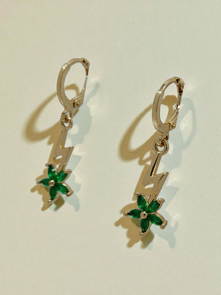 Gold Plated Lightning Drop Earrings For Women | Green Crystal Floral Design | Trendy Statement Party & Daily We : AST-EAR-0033