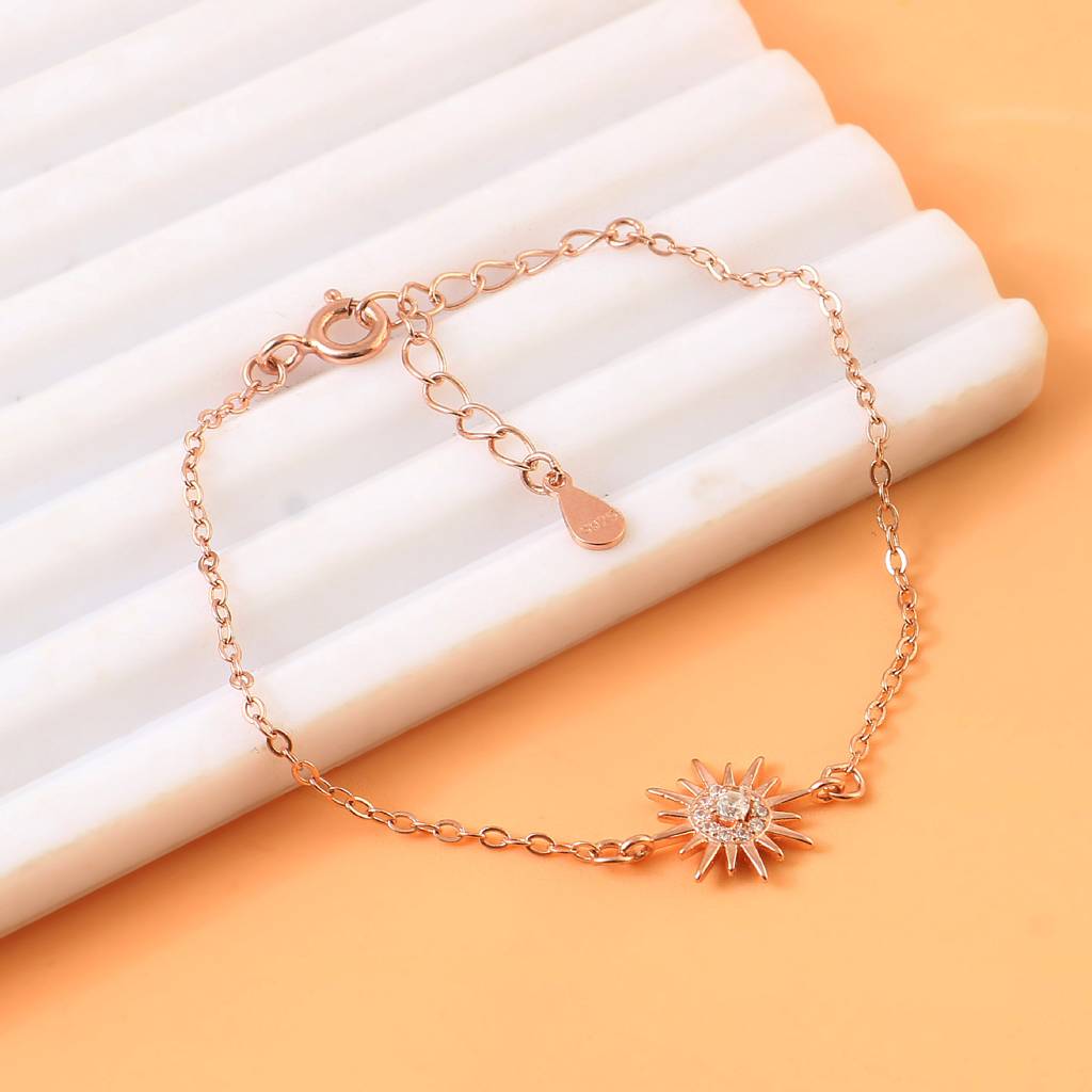 Rose Gold Sun Charm Bracelet With Cz Stone – Dainty Adjustable Chain Bracelet For Women : ZIRAK-Bracelet-087