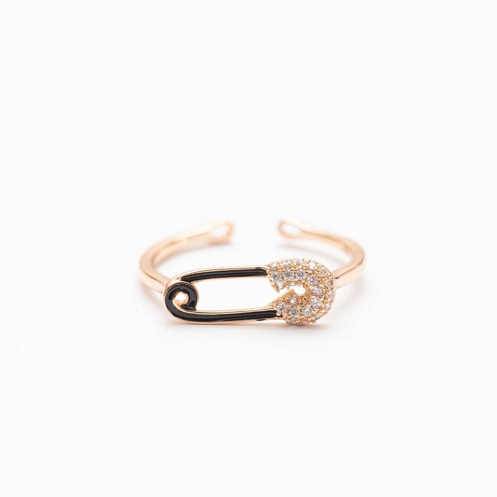 Rose Gold-Plated Safety Pin Ring With Cz – Adjustable Trendy Ring For Women : AST-RIN-0060