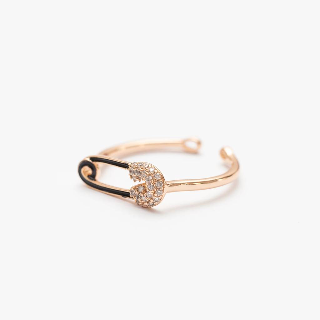 Rose Gold-Plated Safety Pin Ring With Cz – Adjustable Trendy Ring For Women : AST-RIN-0060