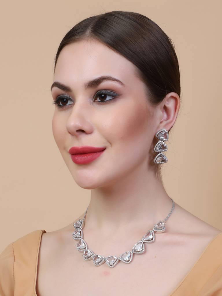 Silver Plated Bold Triangle Necklace Set With Long Earrings : AD124WHITE