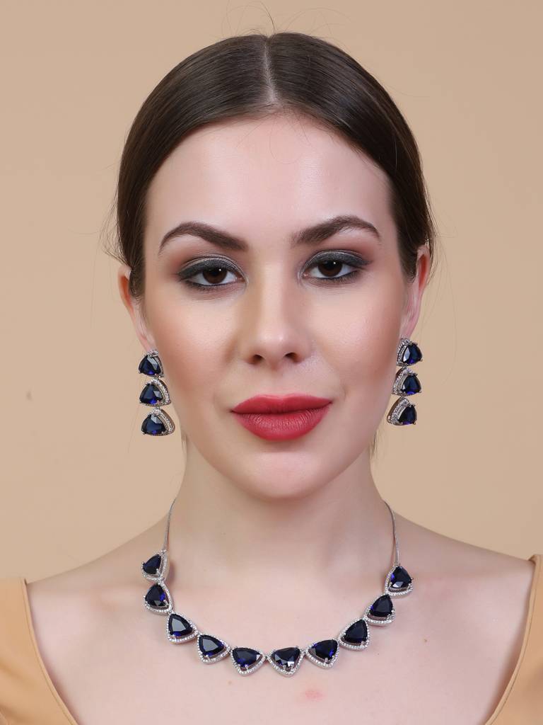 Silver Plated Bold Triangle Necklace Set With Long Earrings : AD124BLUE