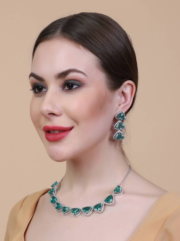 Silver Plated Bold Triangle Necklace Set With Long Earrings : AD124GREEN