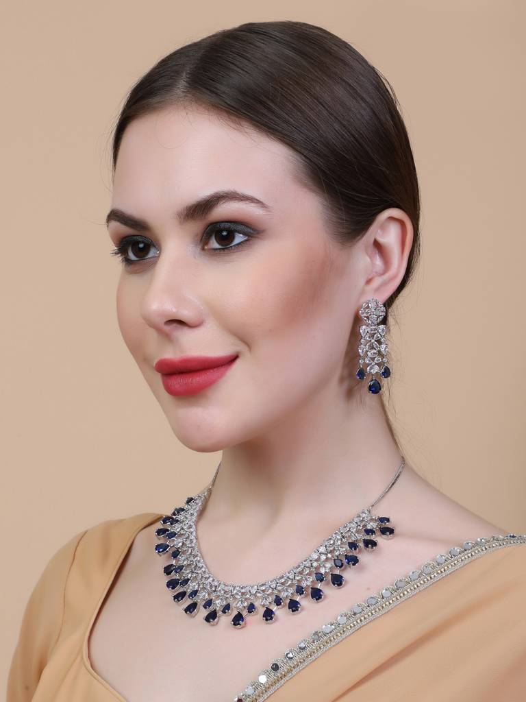 Elegant Silver Plated Cubic Zirconia Party Wear Fusion Necklace Set : AD116Blue