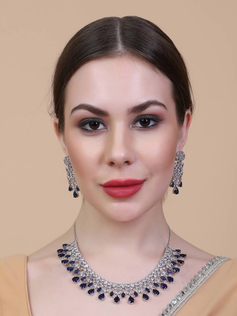 Elegant Silver Plated Cubic Zirconia Party Wear Fusion Necklace Set : AD116Blue
