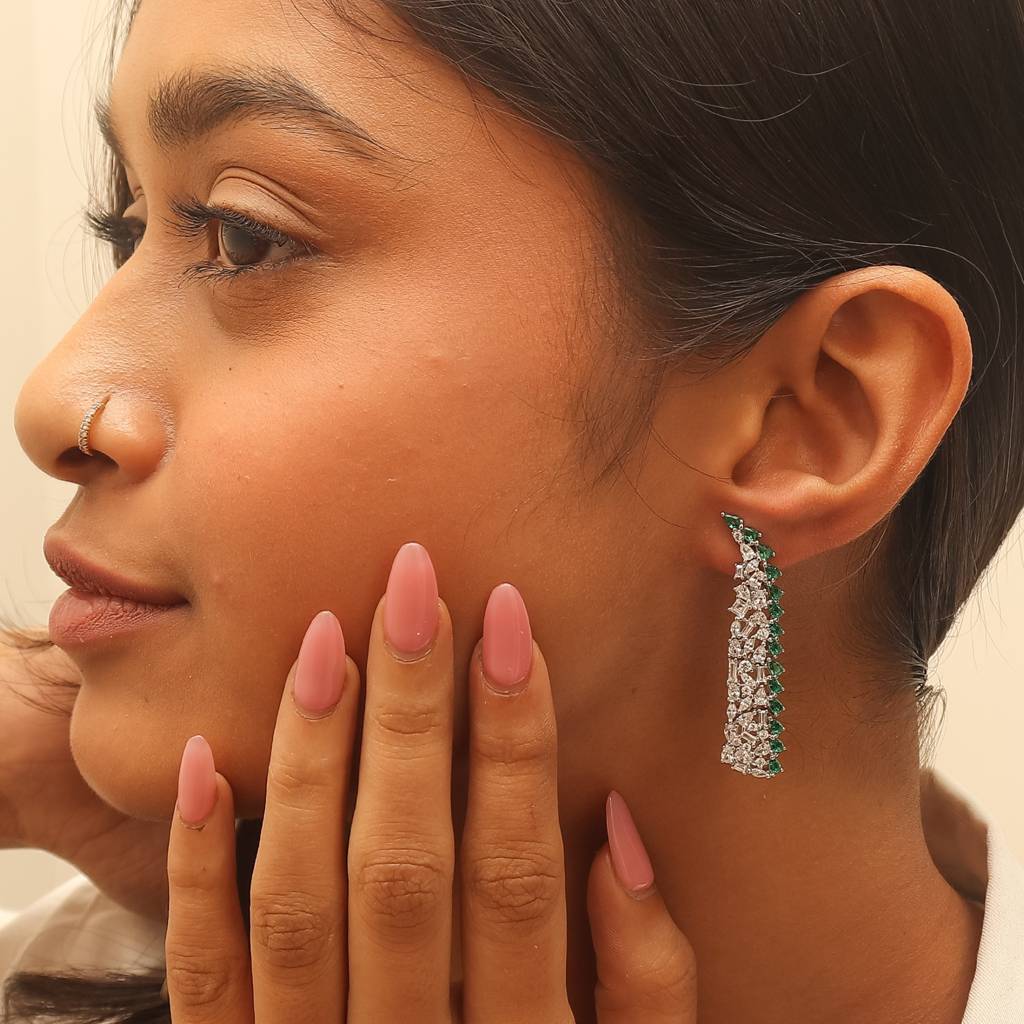 Sparkling Emerald And Diamond Silver Earrings : E037