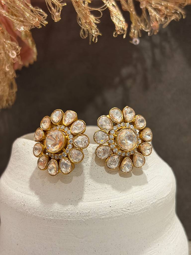 Champagne Floral Polki Studs : PR-132E