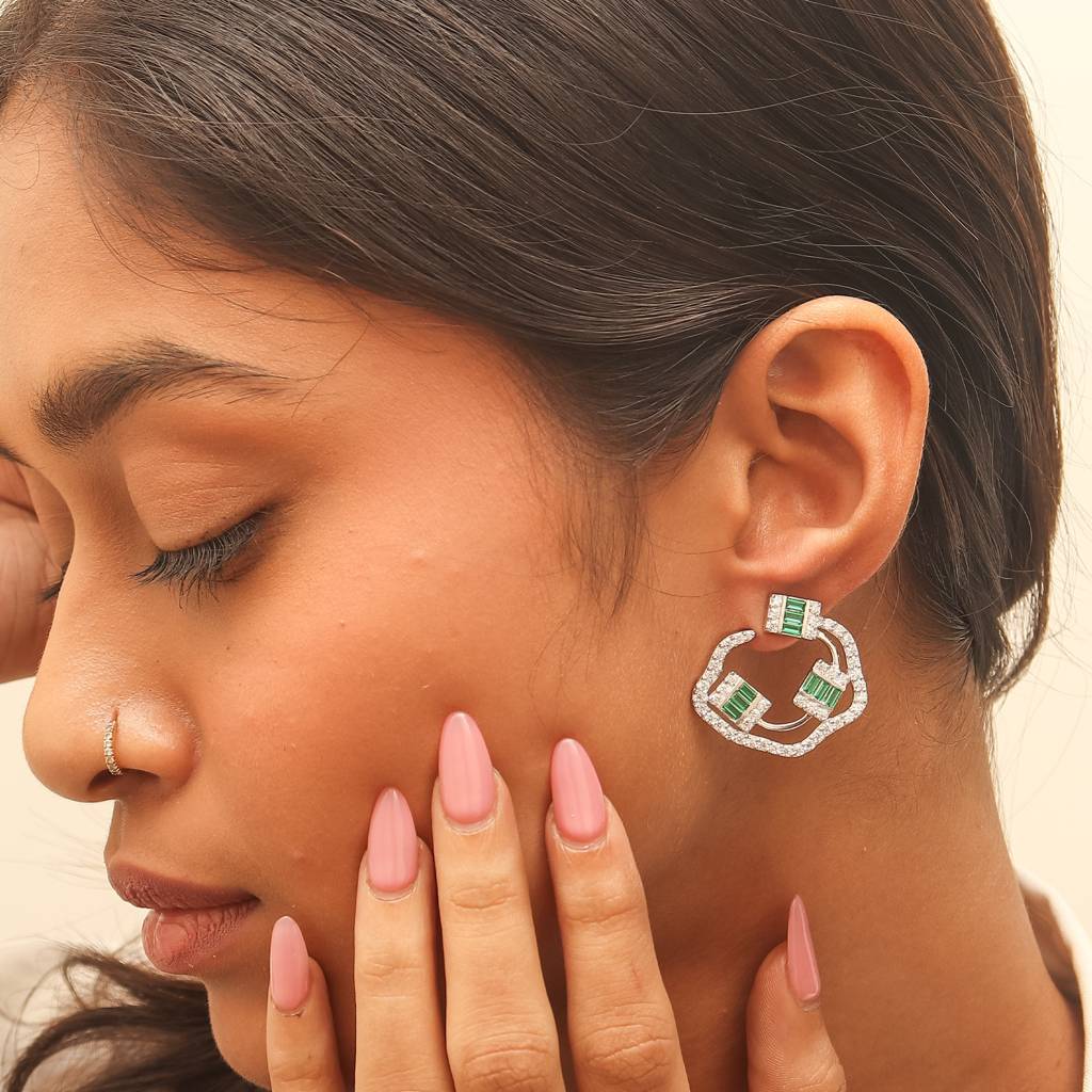 Baguette Emerald And Diamond Silver Earrings : E001