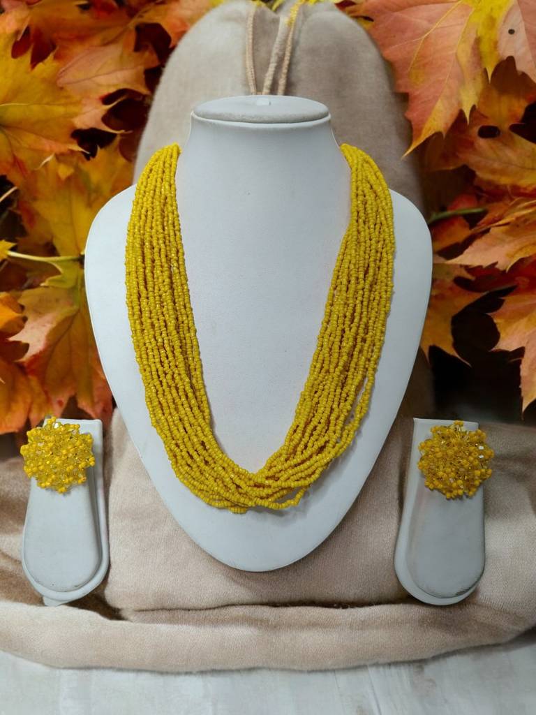 Everyday-To-Occasion Multilayer Beaded Necklace With Matching Earrings : BDE-YLW-20LS-NWE-002