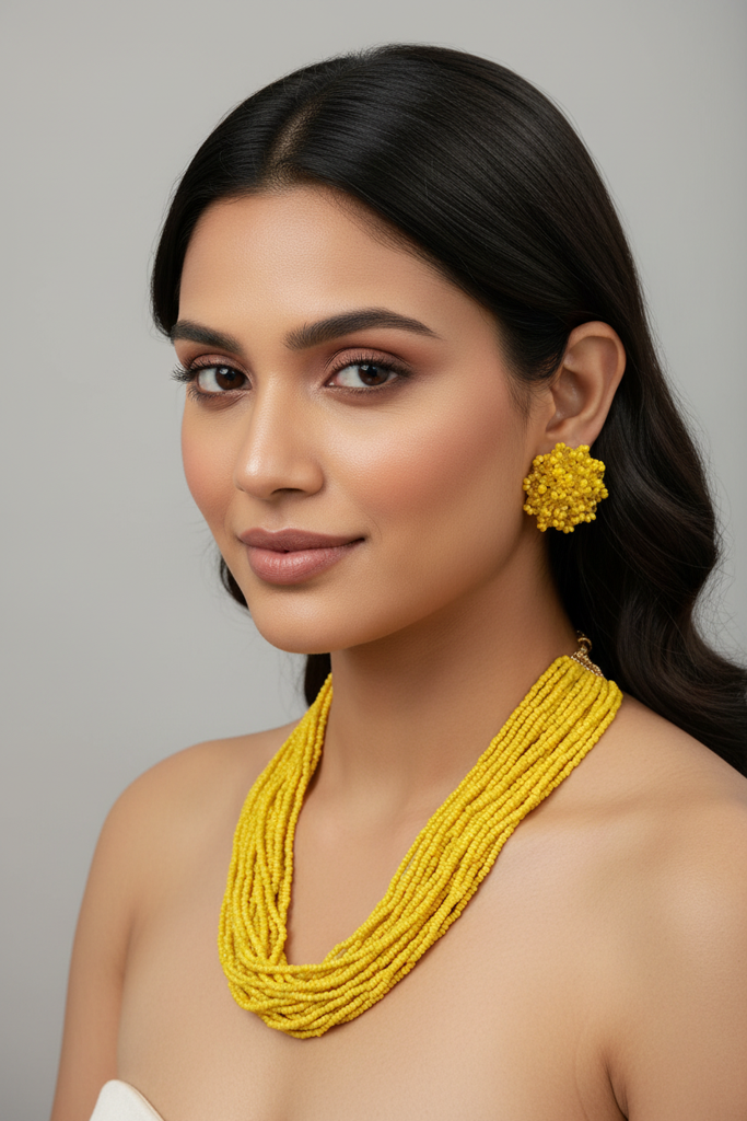 Everyday-To-Occasion Multilayer Beaded Necklace With Matching Earrings : BDE-YLW-20LS-NWE-002