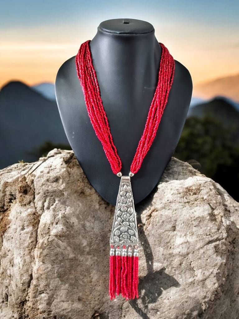 Day-To-Dinner Tie Shaped Oxidized Black Metal Multi-Layered Long Necklace : BDE-RED-TYLG-ONN-220
