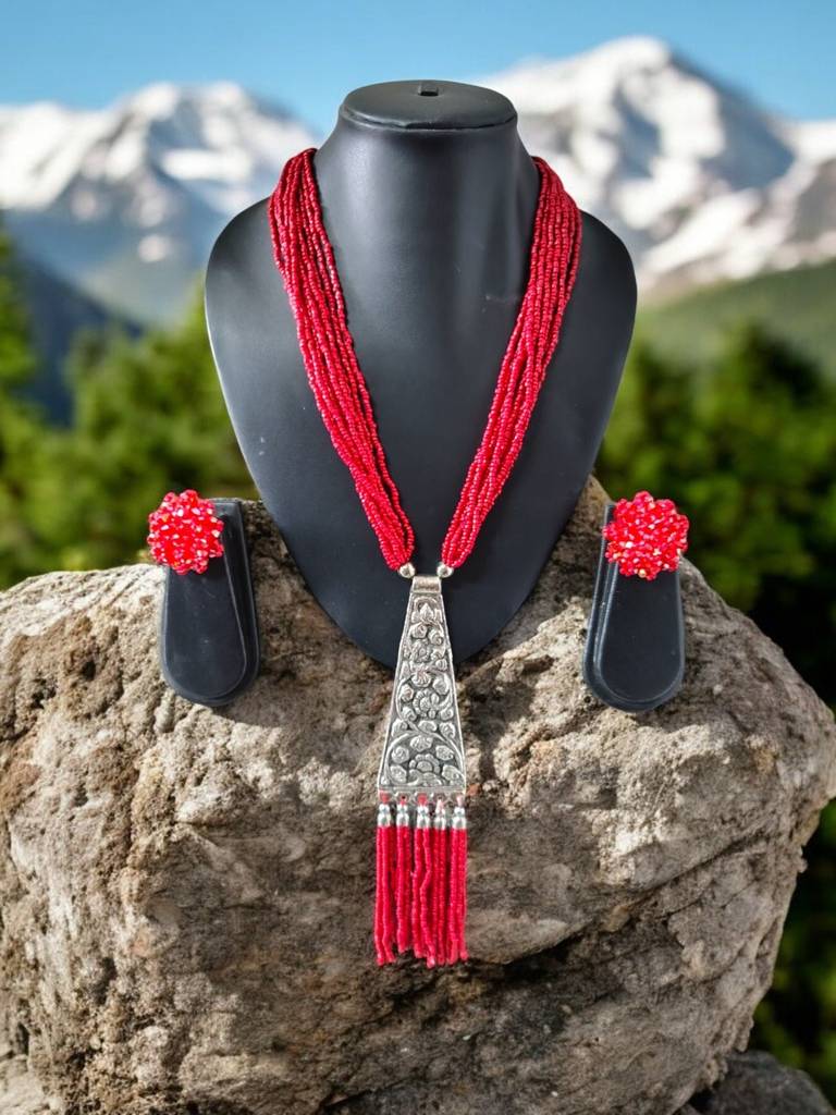 Day-To-Dinner Tie Shaped Oxidized Black Metal Multi-Layered Long Necklace Set : BDE-RED-TYLG-NWE-219