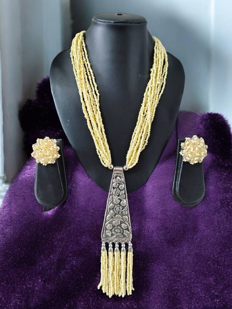Day-To-Dinner Tie Shaped Oxidized Black Metal Multi-Layered Long Necklace Set : BDE-CRM-TYLG-NWE-217
