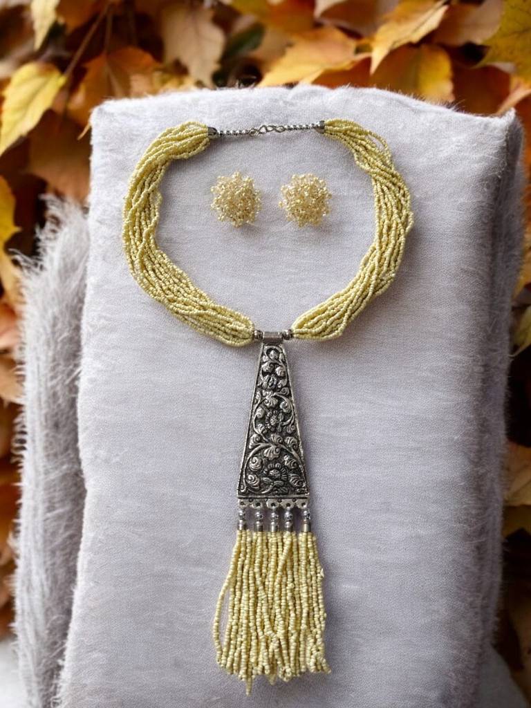 Day-To-Dinner Tie Shaped Oxidized Black Metal Multi-Layered Long Necklace Set : BDE-CRM-TYLG-NWE-217
