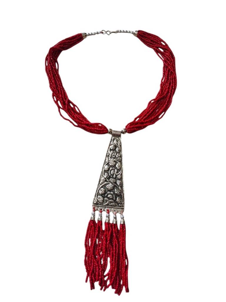 Day-To-Dinner Tie Shaped Oxidized Black Metal Multi-Layered Long Necklace : BDE-RED-TYLG-ONN-220