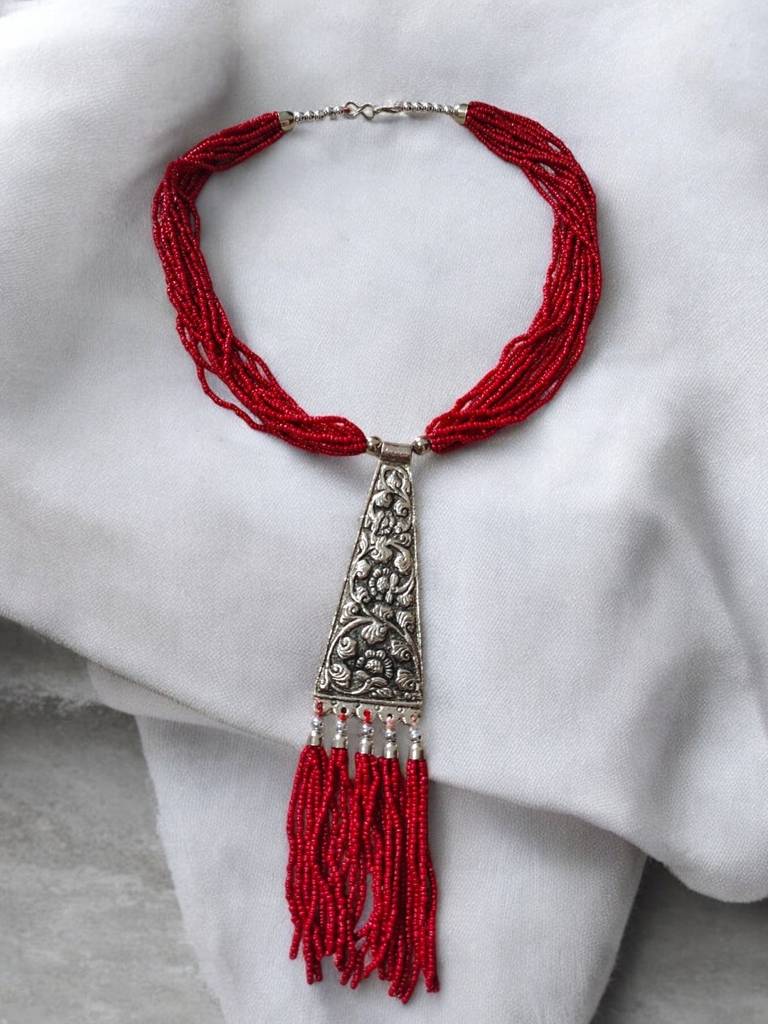 Day-To-Dinner Tie Shaped Oxidized Black Metal Multi-Layered Long Necklace : BDE-RED-TYLG-ONN-220