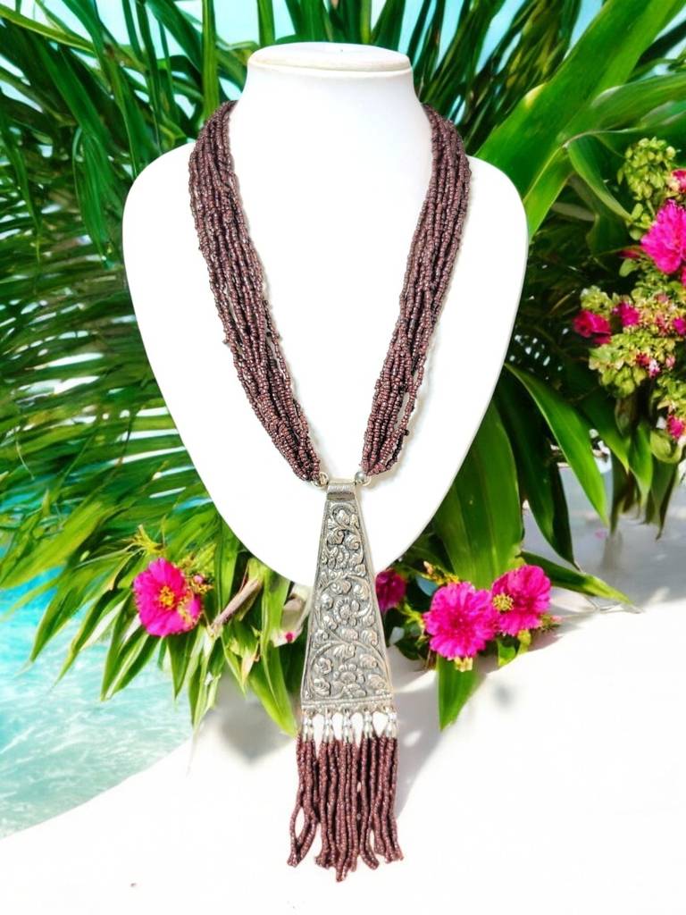 Day-To-Dinner Tie Shaped Oxidized Black Metal Multi-Layered Long Necklace : BDE-CFB-TYLG-ONN-222