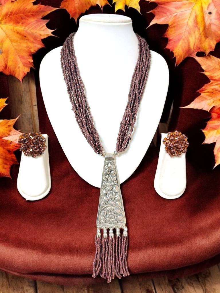 Day-To-Dinner Tie Shaped Oxidized Black Metal Multi-Layered Long Necklace Set : BDE-CFB-TYLG-NWE-221