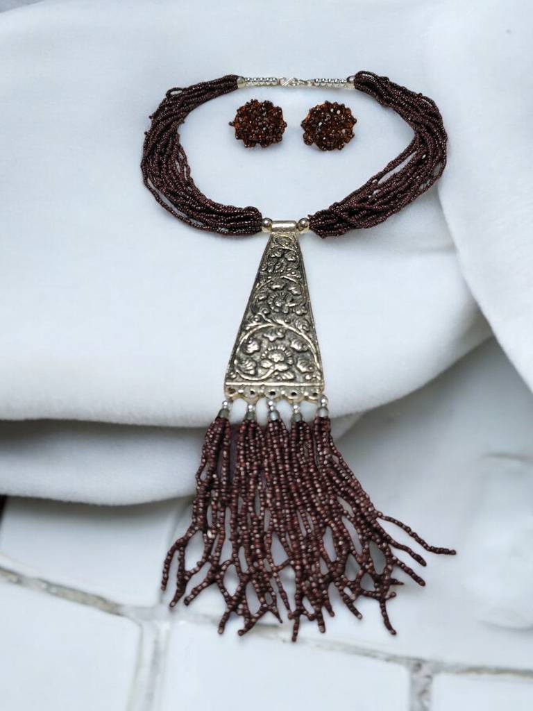 Day-To-Dinner Tie Shaped Oxidized Black Metal Multi-Layered Long Necklace Set : BDE-CFB-TYLG-NWE-221
