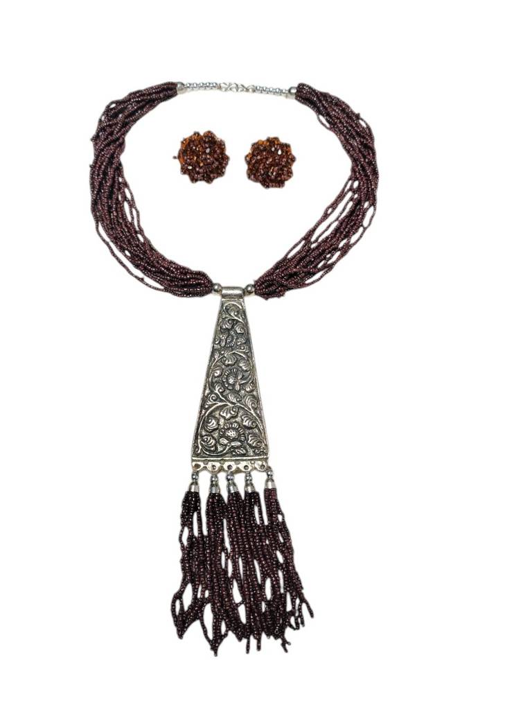 Day-To-Dinner Tie Shaped Oxidized Black Metal Multi-Layered Long Necklace Set : BDE-CFB-TYLG-NWE-221