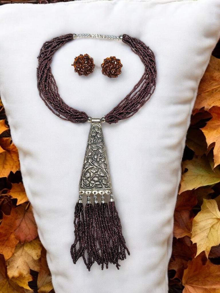 Day-To-Dinner Tie Shaped Oxidized Black Metal Multi-Layered Long Necklace Set : BDE-CFB-TYLG-NWE-221