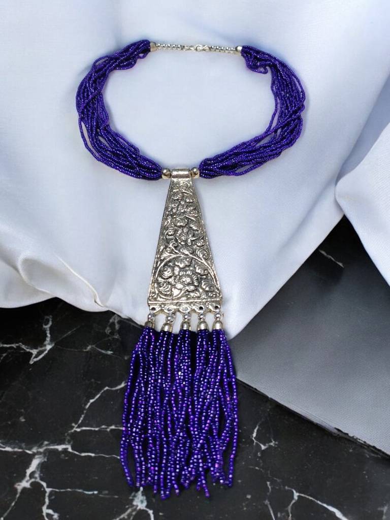 Day-To-Dinner Tie Shaped Oxidized Black Metal Multi-Layered Long Necklace : BDE-DRP-TYLG-ONN-223