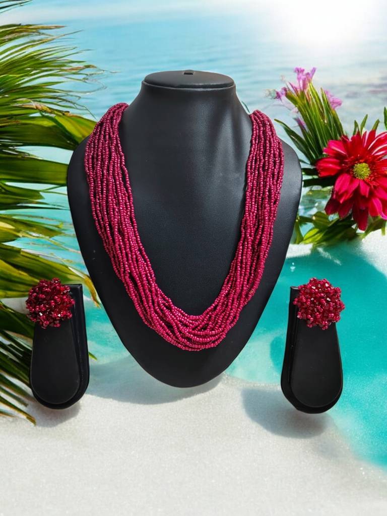 Everyday-To-Occasion Multilayer Beaded Necklace With Matching Earrings : BDE-WNE-20LS-NWE-003