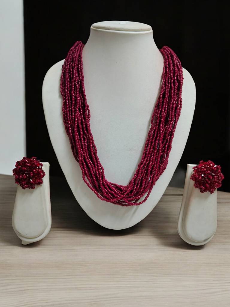 Everyday-To-Occasion Multilayer Beaded Necklace With Matching Earrings : BDE-WNE-20LS-NWE-003