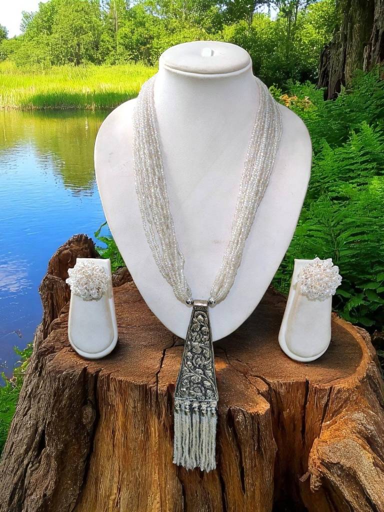 Day-To-Dinner Tie Shaped Oxidized Black Metal Multi-Layered Long Necklace Set : BDE-OFW-TYLG-NWE-230