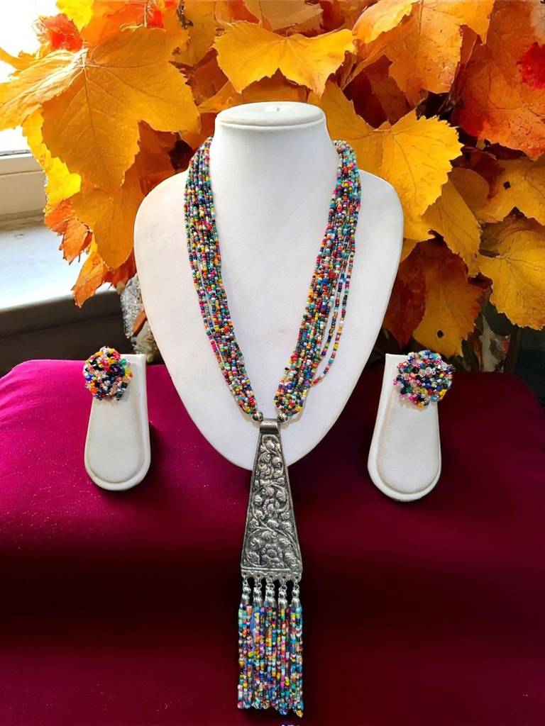 Day-To-Dinner Tie Shaped Oxidized Black Metal Multi-Layered Long Necklace Set : BDE-MLC-TYLG-NWE-232