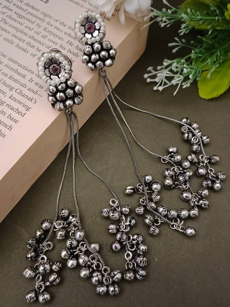 Traditional Jhumka Chain Drop Earrings With Pearls And Ghungroo Bells : VS105270