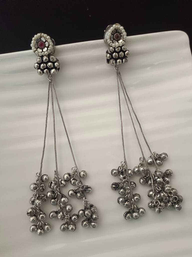 Traditional Jhumka Chain Drop Earrings With Pearls And Ghungroo Bells : VS105270