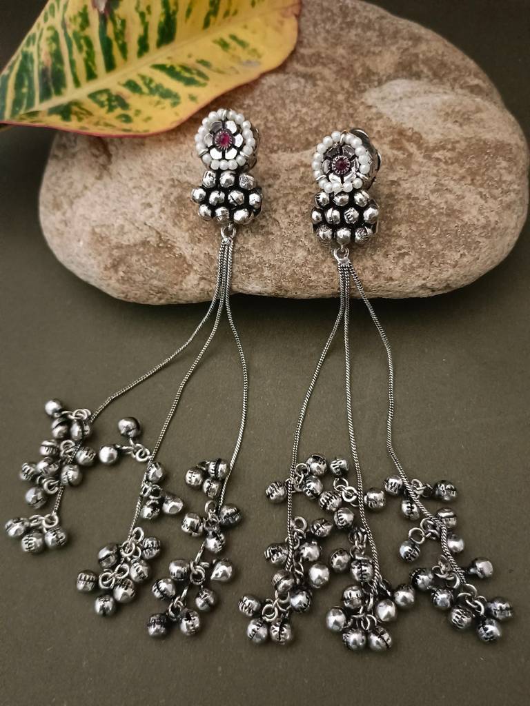 Traditional Jhumka Chain Drop Earrings With Pearls And Ghungroo Bells : VS105270