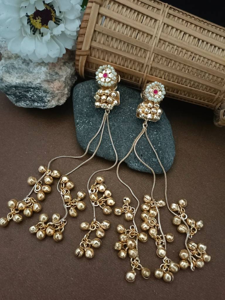 Traditional Jhumka Chain Drop Earrings With Pearls And Ghungroo Bells : VS105267