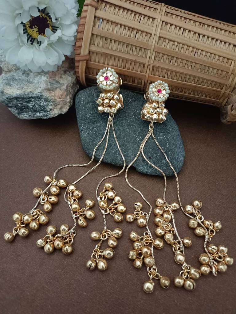 Traditional Jhumka Chain Drop Earrings With Pearls And Ghungroo Bells : VS105267