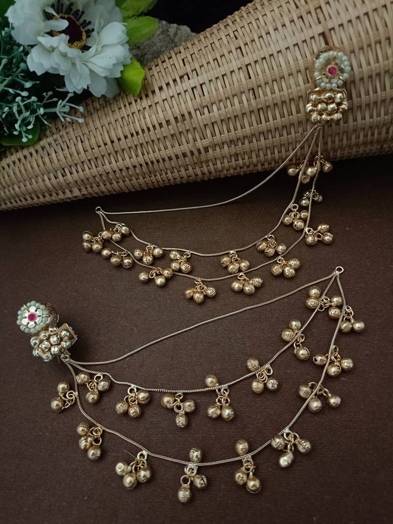 Traditional Ear Chains (Kaan Chain) With Pearl Studs And Ghungroo Dangles : VS105268