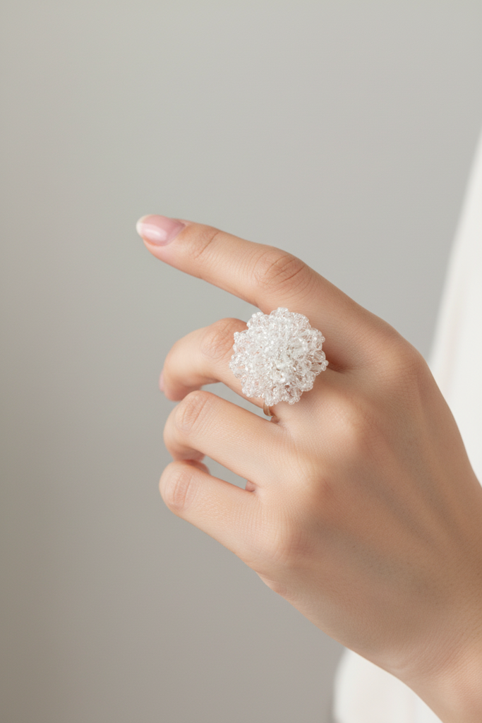 Rang-E-Roshan Adjustable Ring – Handmade Crystal Statement Ring : CRY-WHT-RNG-ONR-037