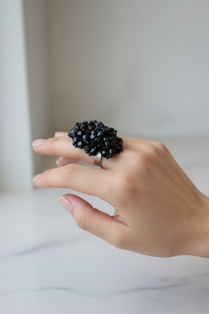 Rang-E-Roshan Adjustable Ring – Handmade Crystal Statement Ring : CRY-BLK-RNG-ONR-036