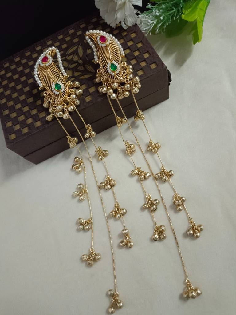 Brass-Plated Kundan Studded & Artificial Beaded Leaf Shaped Kashmiri Drop Earrings : VS105332
