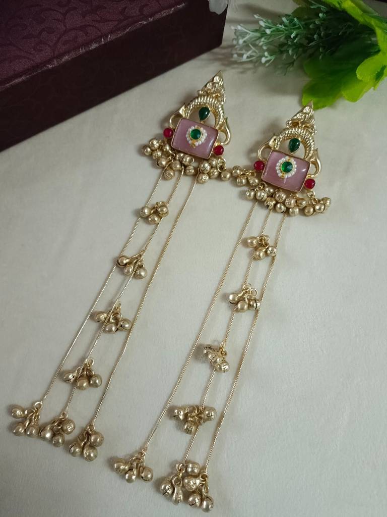 Brass-Plated Pachi Kundan Studded & Beaded Kashmiri Earrings : VS105336