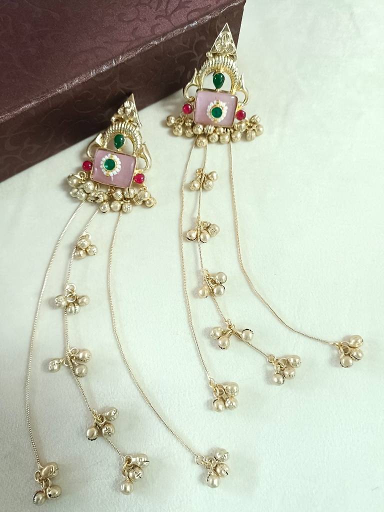 Brass-Plated Pachi Kundan Studded & Beaded Kashmiri Earrings : VS105336