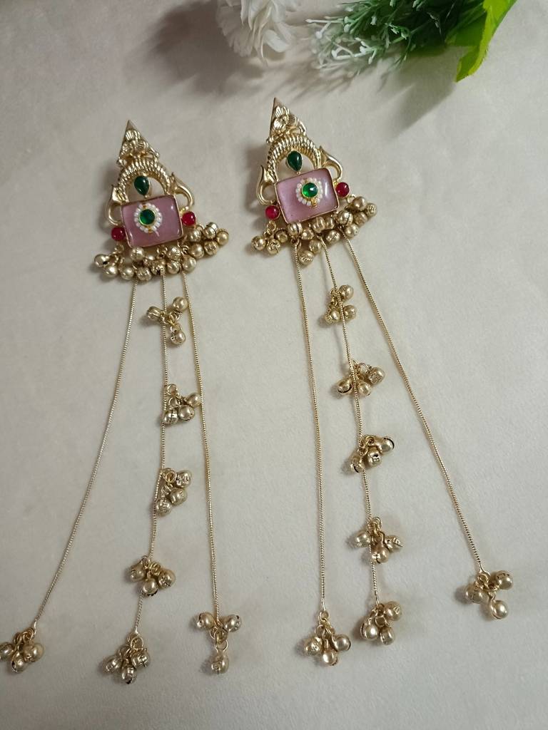 Brass-Plated Pachi Kundan Studded & Beaded Kashmiri Earrings : VS105336