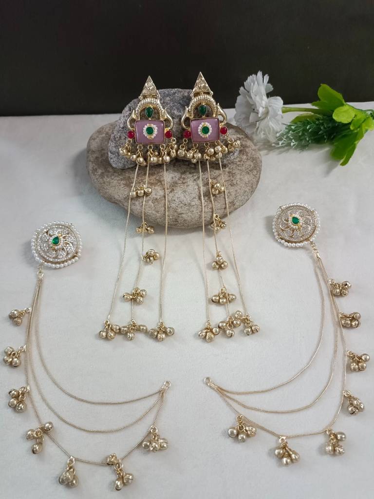 Brass-Plated Kundan Studded & Ghungroo Beaded Kashmiri Drop Earrings With Earchains : VS105338