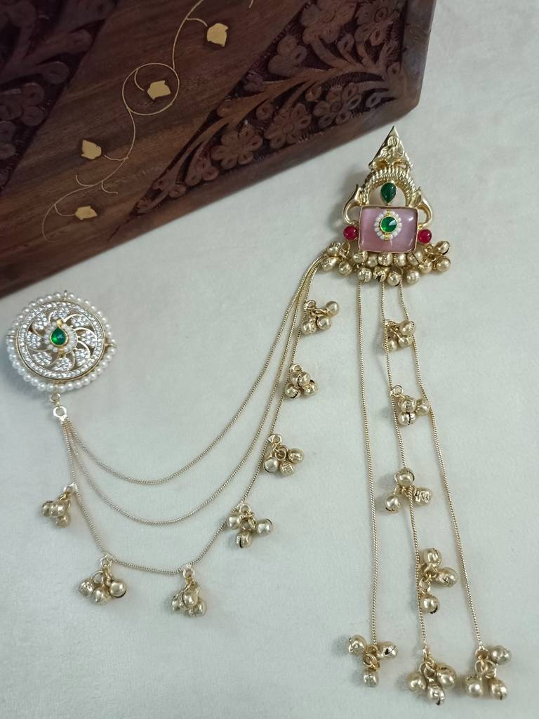 Brass-Plated Kundan Studded & Ghungroo Beaded Kashmiri Drop Earrings With Earchains : VS105338