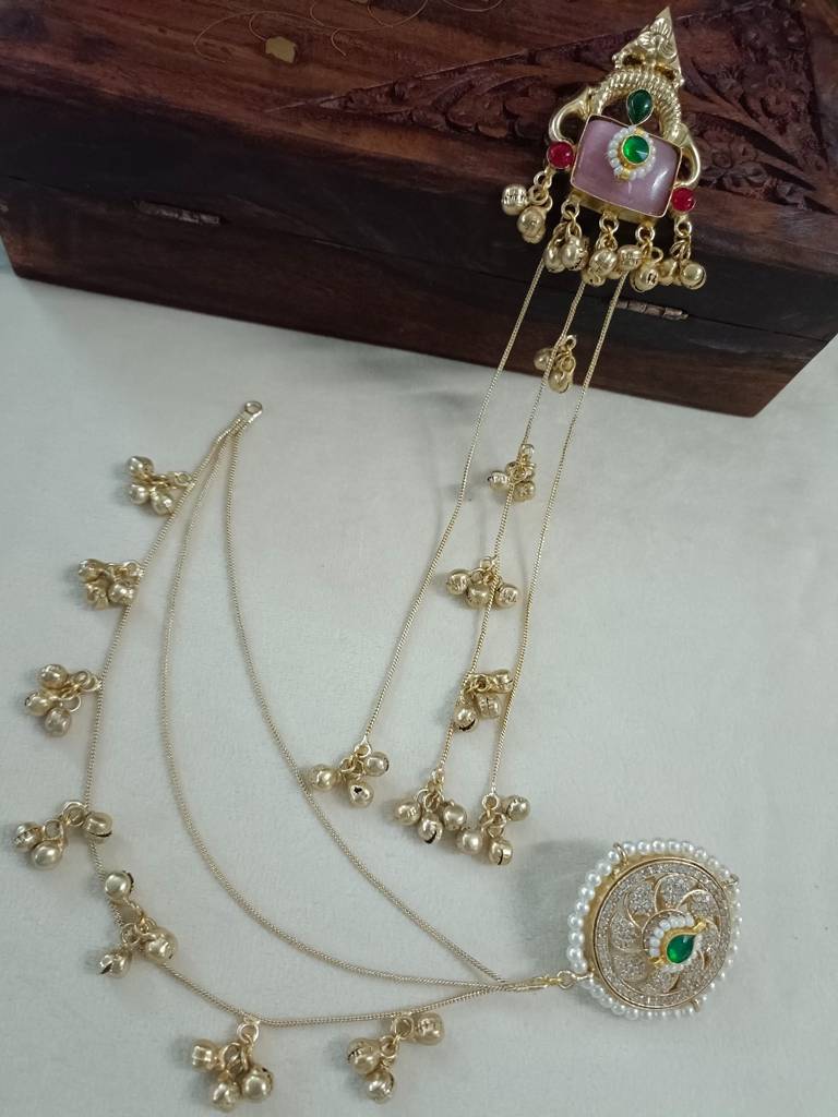 Brass-Plated Kundan Studded & Ghungroo Beaded Kashmiri Drop Earrings With Earchains : VS105338
