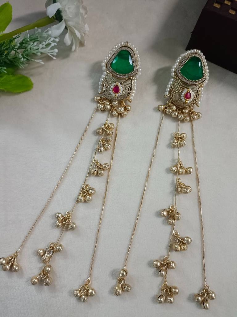 Brass-Plated Pachi Kundan Studded & Beaded Kashmiri Drop Earrings : VS105345